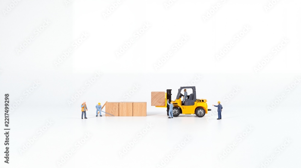 Fototapeta premium Miniature Logistics Scene Featuring Small Workers and a Yellow Forklift Truck Moving Wooden Blocks on a Clean White Background, Representing Warehouse Management and Supply Chain Operations