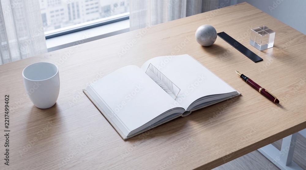 Fototapeta premium Minimalist wooden workspace featuring an open blank notebook, elegant fountain pen, white ceramic cup, and decorative geometric objects on a desk by a window with a soft city view background