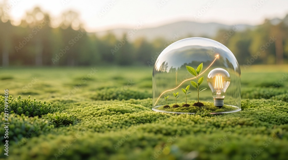 Fototapeta premium Conceptual image of young green sprouts and a light bulb growing under a glass dome with a rising orange arrow graph, representing sustainable investment, green energy, and environmental protection.