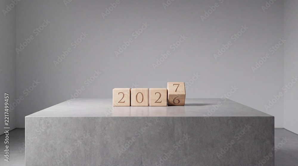 Fototapeta premium Minimalist New Year Concept Displaying Wooden Blocks Flipping from 2026 to 2027 on a Concrete Pedestal in a Clean Grey Studio Room, Wide Context for Business Planning and Future Success Goals