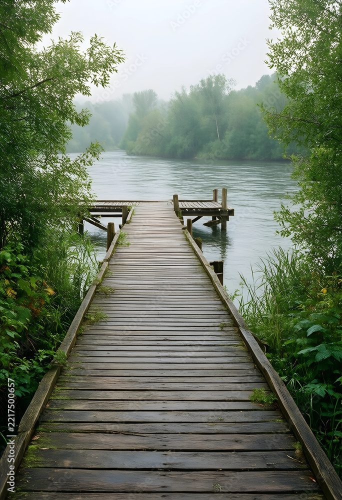 Fototapeta premium Solitude and mindfulness, wooden pier extending into a calm misty river with lush green trees and peaceful nature scenery for wellness and relaxation