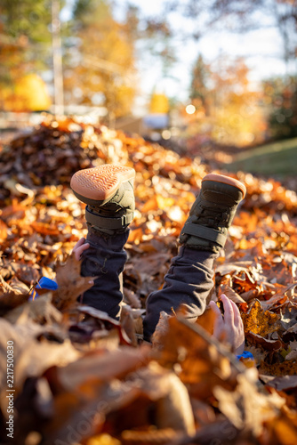 A young child plays buried in autumn leaves