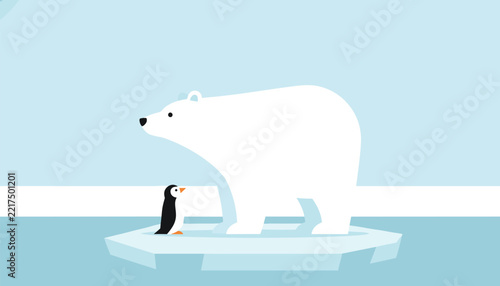 Majestic polar bear and a small penguin standing together on an ice floe, set against a serene Arctic landscape, symbolizing coexistence and climate issues.