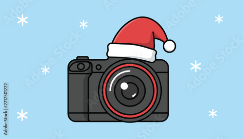 A festive digital camera wearing a cheerful Santa hat, surrounded by delicate snowflakes, symbolizing holiday photography and capturing Christmas memories.