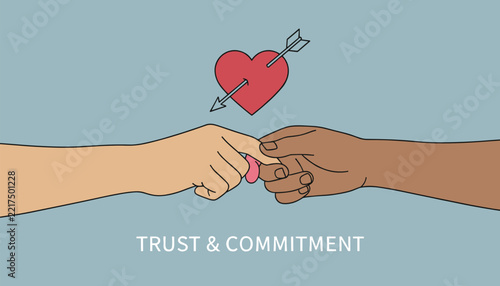 Diverse hands making a pinky promise, with a heart, arrow, and 