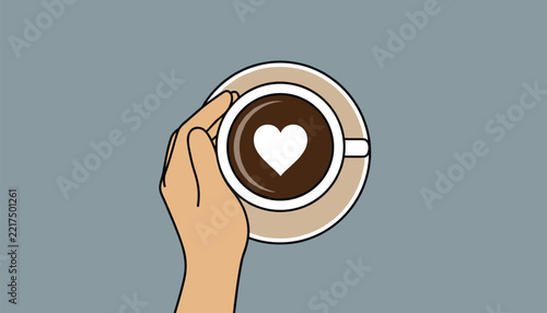A gentle hand holding a warm coffee cup, with a perfectly crafted heart design in the foam, captured from a top-down perspective, symbolizing love and warmth.