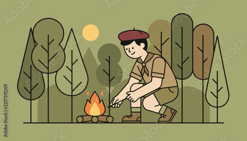 A young boy scout in uniform carefully lighting a small campfire in a serene forest setting, embodying wilderness skills, adventure, and outdoor learning.