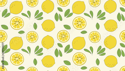 A cheerful and fresh seamless pattern featuring whole and sliced yellow lemons intermingled with vibrant green leaves, ideal for summery designs.