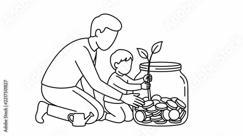 Family Financial Planning Line Art: Parent and Child Planting a Sapling in a Jar of Coins