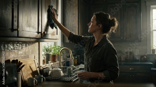Woman wiping dark wooden kitchen cabinets with cleaning cloth near the sink