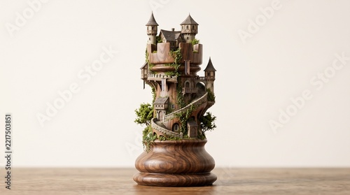 Surreal miniature castle rising from a wooden chess piece