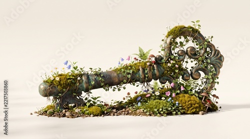 Surreal enchanted garden growing from an antique vintage key