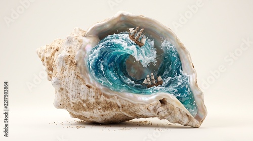 Surreal ocean wave and sailing ships contained inside a seashell