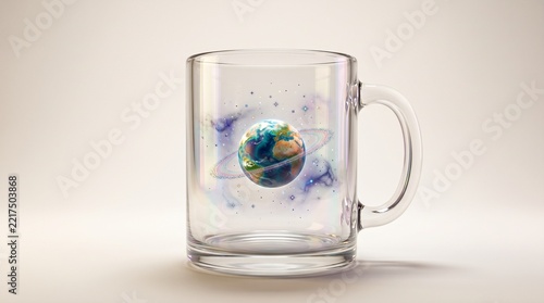 Surreal miniature planet floating inside a clear glass mug