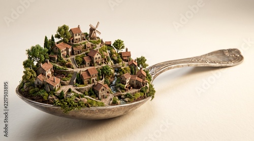 Surreal miniature village built on a vintage silver spoon
