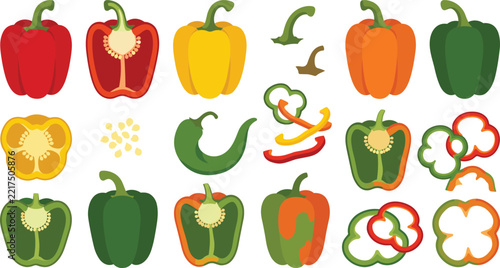 Colorful bell pepper collection featuring whole sliced and abstract forms in vibrant culinary vector illustration