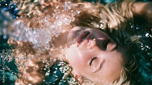 Relaxed young woman enjoying a sunny day in the water with splashes around her face