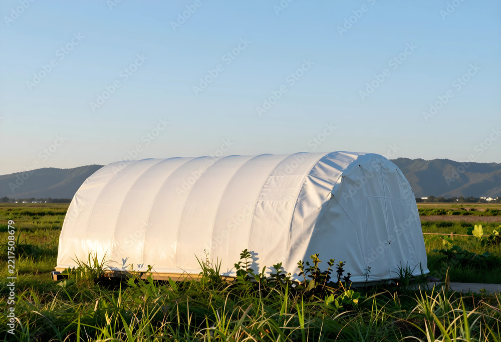 Fototapeta premium Sustainable agriculture and food security, white greenhouse tunnel for organic farming in a rural field with mountain landscape under clear blue sky