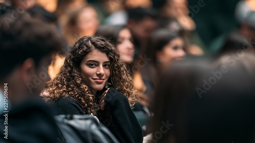 Young woman with curly hair looks at the camera while sitting in a crowded lecture hall setting