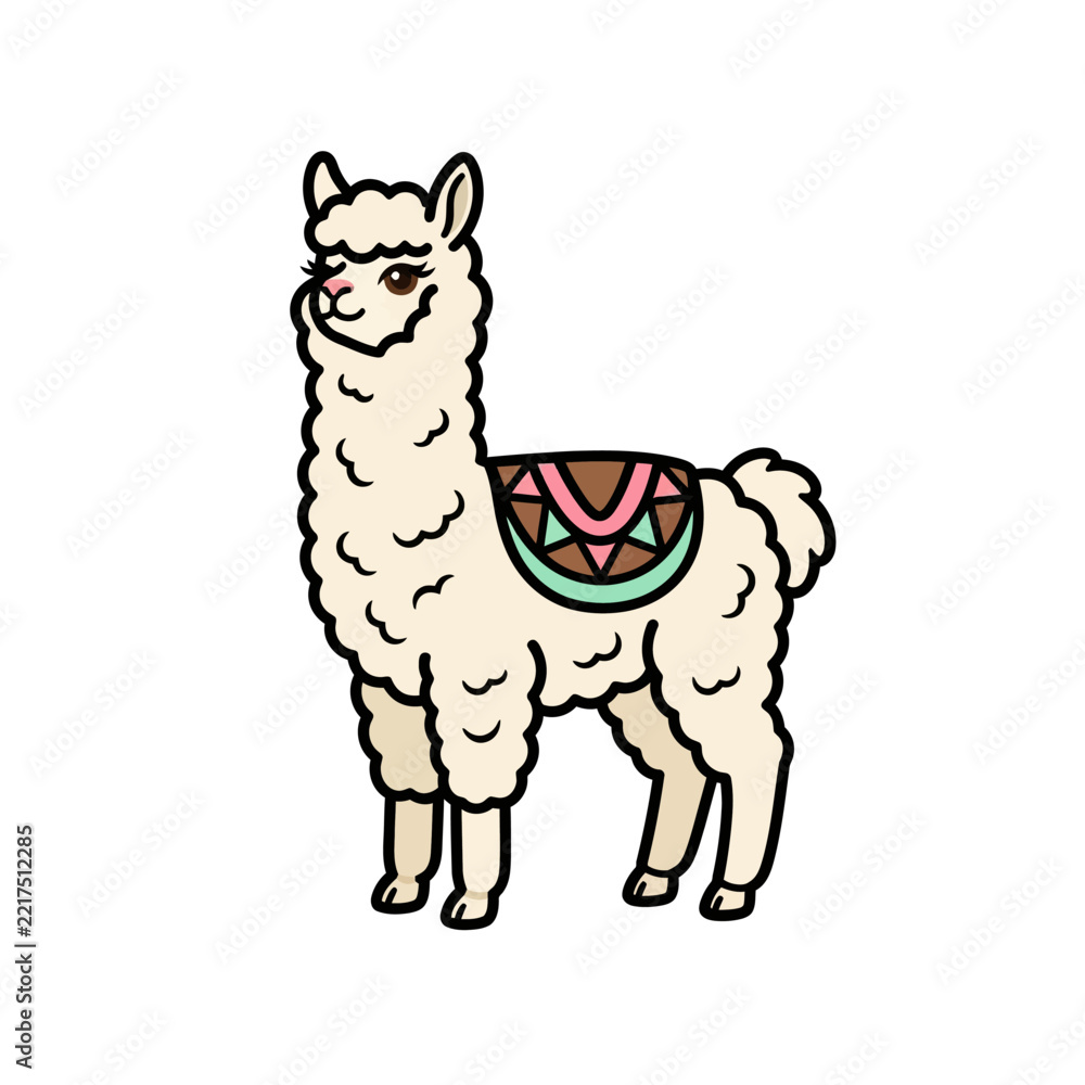 Fototapeta premium Cute white llama with colorful saddle blanket vector illustration.