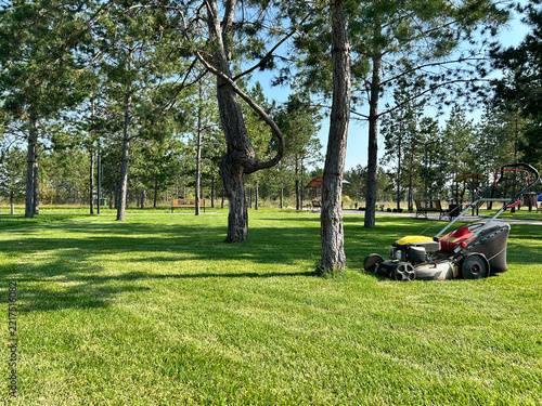 A lawnmower stands idle on a patch of mown grass in the backyard.