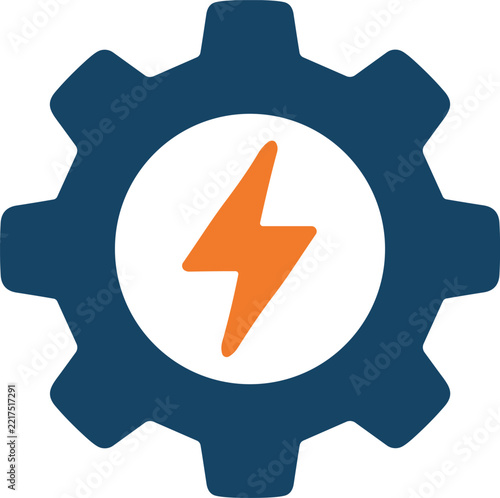 Gear icon with lightning bolt symbol representing industrial power and energy optimization for web and print use