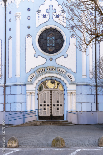 View of famous Art Nouveau Blue Church facade (Church of St Elizabeth) with entrance, Bratislava, Slovakia