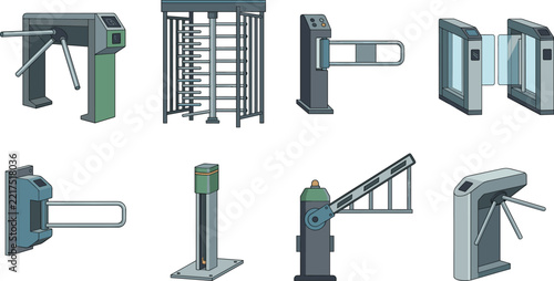 Modern Turnstile And Security Gate Collection Featuring Access Control Entry Barriers For Transportation And Building Security