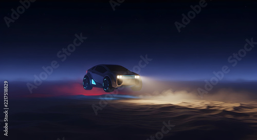 Futuristic Flying Car in Motion Above Clouds at Dusk with a High-Tech Night Sky Background