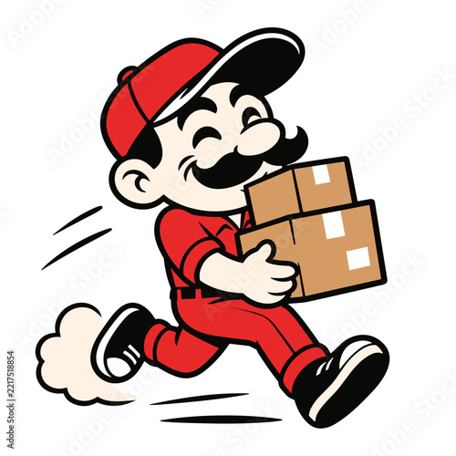 Courier Mascot Running with Packages Cartoon