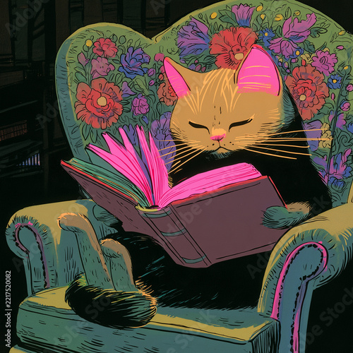 安楽椅子で読書をする猫。本。書籍