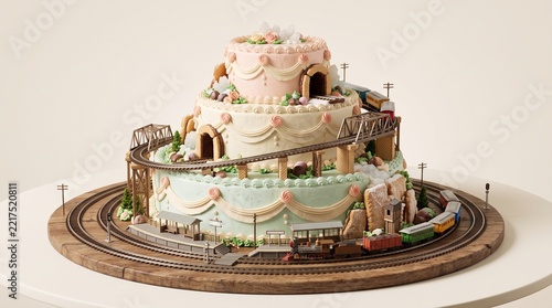 Surreal miniature railway winding around a decorated layer cake