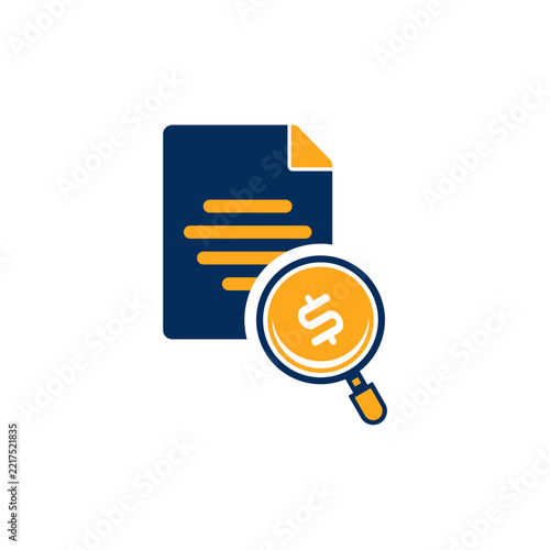 A flat design vector icon set in navy blue and orange representing finance, accounting, and money management. The collection features envelopes with dollar signs, wallets with coins, clipboards with r