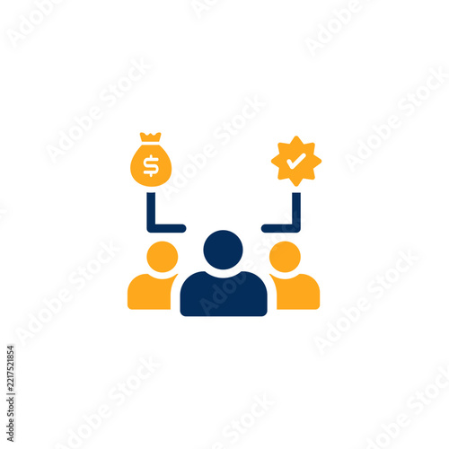 A flat design vector icon set in navy blue and orange representing finance, accounting, and money management. The collection features envelopes with dollar signs, wallets with coins, clipboards with r