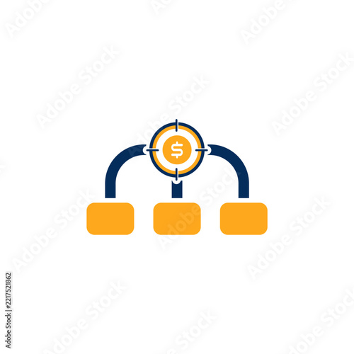 A flat design vector icon set in navy blue and orange representing finance, accounting, and money management. The collection features envelopes with dollar signs, wallets with coins, clipboards with r
