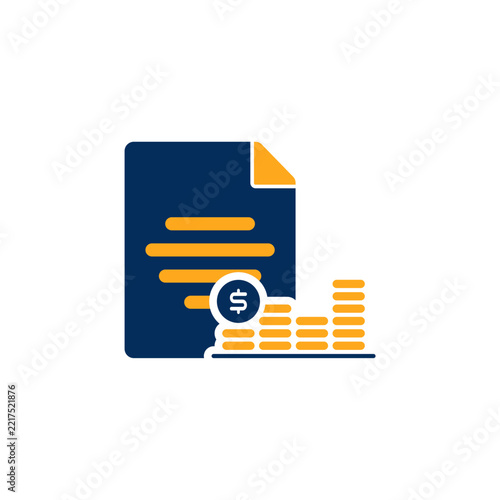 A flat design vector icon set in navy blue and orange representing finance, accounting, and money management. The collection features envelopes with dollar signs, wallets with coins, clipboards with r