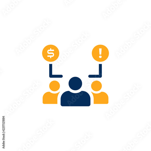 A flat design vector icon set in navy blue and orange representing finance, accounting, and money management. The collection features envelopes with dollar signs, wallets with coins, clipboards with r