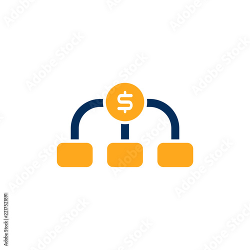 A flat design vector icon set in navy blue and orange representing finance, accounting, and money management. The collection features envelopes with dollar signs, wallets with coins, clipboards with r