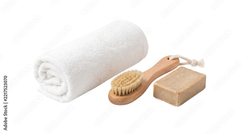 Obraz premium Natural spa wellness set, white cotton rolled towel with wooden body brush and organic soap bar, minimalist skincare products for beauty treatment