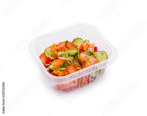 Fresh healthy vegetable salad in plastic container for takeaway
