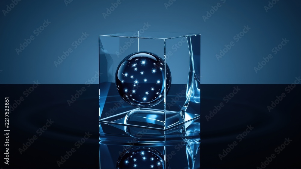 Fototapeta premium Glass cube contains glowing sphere depicting constellation. Reflection visible on dark surface. Minimalist, modern aesthetic.