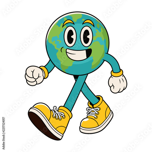 Walking Earth Mascot Cartoon Planet Character Vintage Retro Designs Vector
