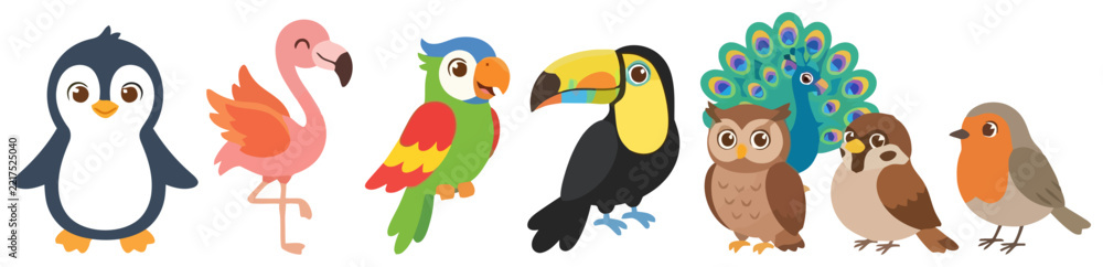 Fototapeta premium A collection of colorful cartoon birds including a penguin flamingo parrot toucan peacock owl and robin.
