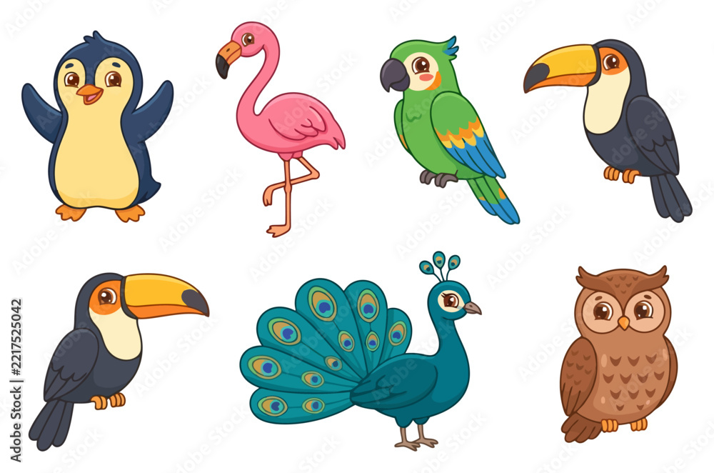 Fototapeta premium Set of cute cartoon birds including penguin flamingo parrot toucan peacock and owl.