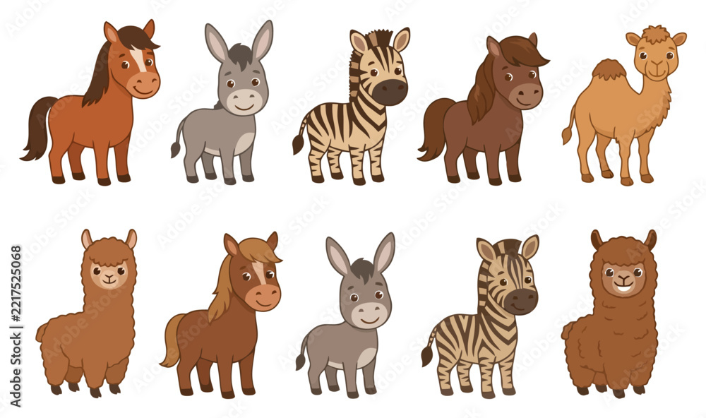 Fototapeta premium A collection of cute cartoon animals including horses donkeys zebras camels and alpacas.