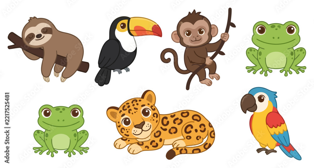 Fototapeta premium A collection of cute cartoon rainforest animals including a sloth toucan monkey frog leopard and parrot.