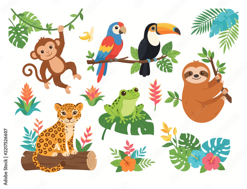 Fototapeta premium A collection of cute cartoon tropical rainforest animals and exotic plants.