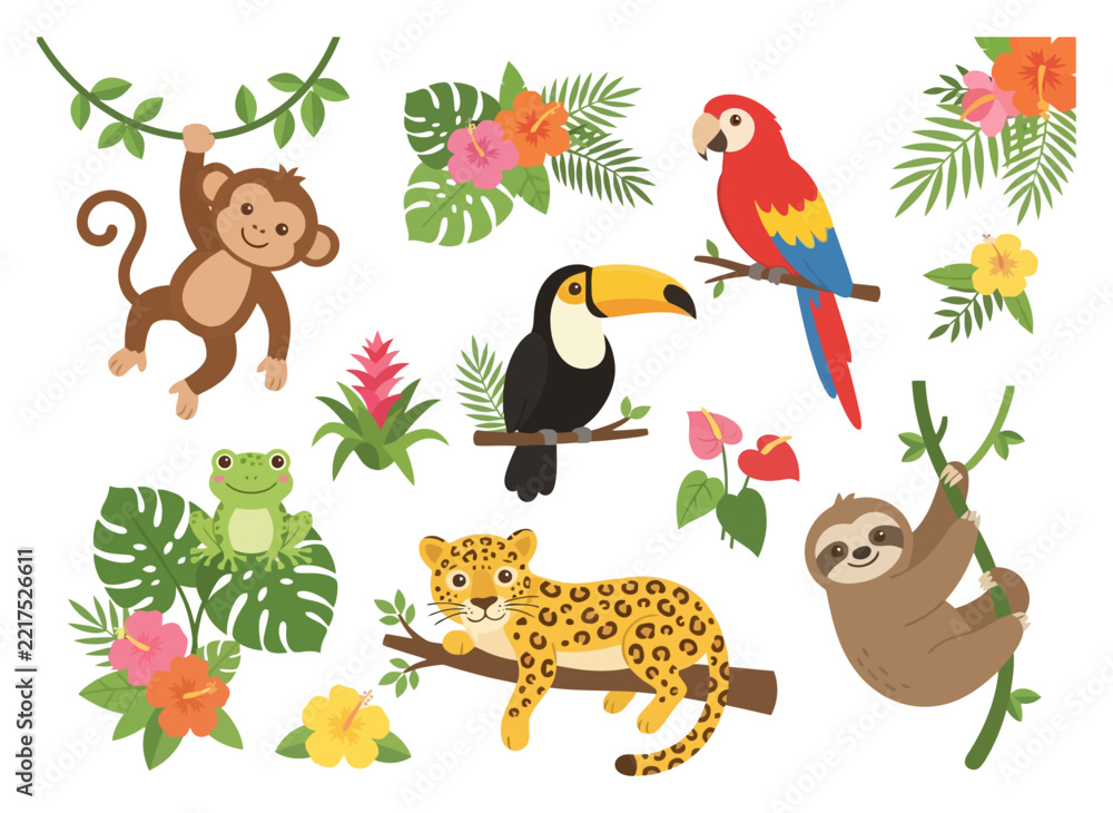 Fototapeta premium Set of cute tropical jungle animals and exotic plants in cartoon style.