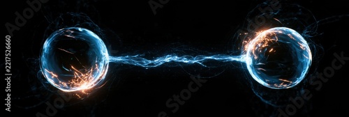 Two glowing spheres are separated by distance in dark space, connected by a luminous line representing quantum entanglement.