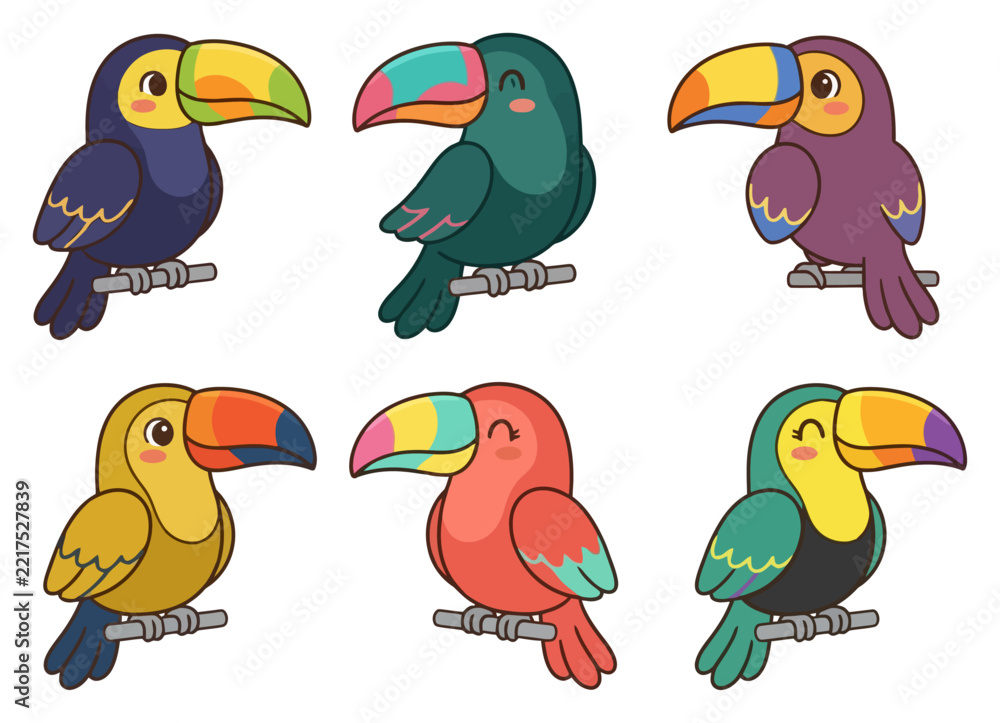 Fototapeta premium A collection of six colorful cartoon toucan birds perched on branches.
